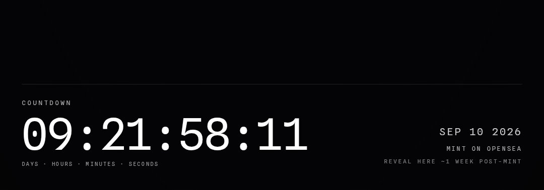 A black countdown screen displays '09:21:58:11' with labels 'DAYS HOURS MINUTES SECONDS,' alongside 'SEP 10 2026,' 'MINT ON OPENSEA,' and 'REVEAL HERE ~1 WEEK POST-MINT.'