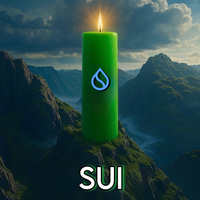 A green candle with a blue water droplet logo is set against a mountainous landscape, with the word 'SUI' displayed below.