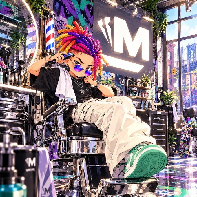 A vibrant, anime-style illustration of a character with colorful dreadlocks and star sunglasses sitting in a barbershop chair with green soles, featuring the 'M' logo in the background.