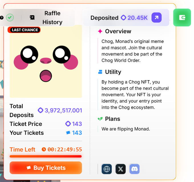 A raffle interface showing a 'LAST CHANCE' ticket purchase screen with a cute cartoon creature, displaying 'Total Deposits 3,972,517.001', 'Ticket Price 143', and a countdown timer of 00:22:49:55.