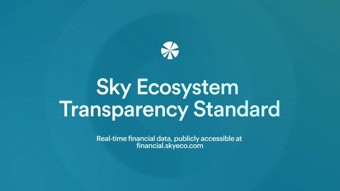 A teal graphic titled 'Sky Ecosystem Transparency Standard' with the text 'Real-time financial data, publicly accessible at financial.skyeco.com'.