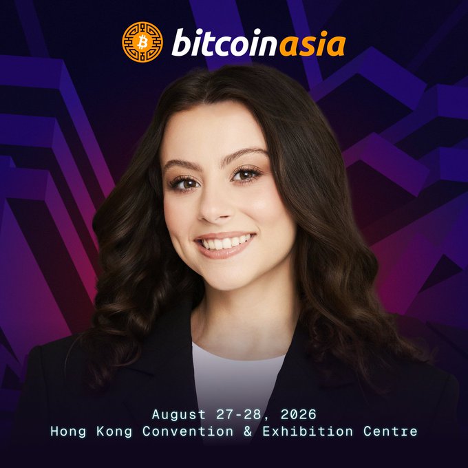 A promotional graphic for 'bitcoin asia' features a smiling woman in a blazer against a purple geometric background, with event details: 'August 27-28, 2026, Hong Kong Convention & Exhibition Centre.'