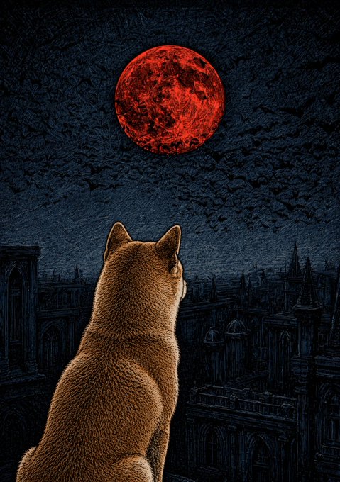A cat gazes up at a blood-red moon over a gothic cityscape under a bat-filled sky, creating an eerie, mystical atmosphere that complements the haunting $DOGE weekend post.