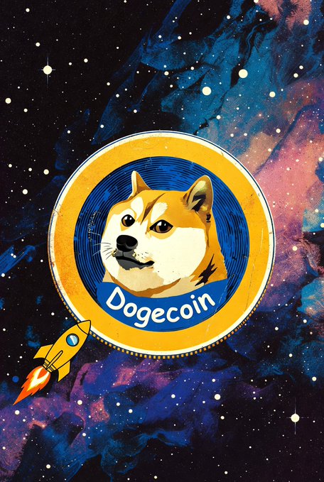 Illustration of a Dogecoin coin featuring the Shiba Inu dog face with the word 'Dogecoin' on a blue banner, set against a cosmic space background with a yellow rocket ship flying past.
