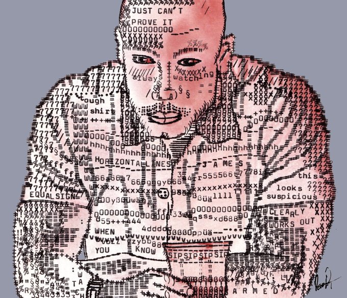 A stylized portrait of a bald figure rendered entirely in ASCII art and pixelated text, with phrases like "JUST CAN'T PROVE IT," "ALWAYS WATCHING," "HORIZONTALS," "EQUAL SIGN," and "SIPSIPSIPSIPSIP" scattered across the body. The cryptic, surveillance-themed image visually reinforces the post's conspiratorial tone about shadowy forces manipulating the crypto market.