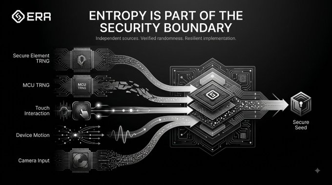 A technical infographic titled 'ENTROPY IS PART OF THE SECURITY BOUNDARY' by ERA showing inputs like Secure Element TRNG, MCU TRNG, Touch Interaction, Device Motion, and Camera Input flowing into a Secure Seed.