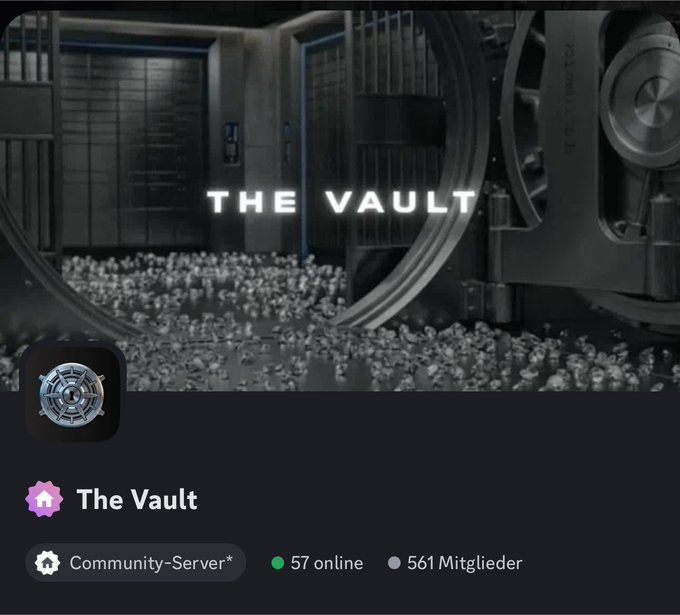 A Discord server banner for 'The Vault' showing a vault interior filled with gold, with stats showing 57 online and 561 members.