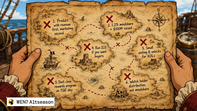 A pirate-themed treasure map graphic held by two hands, listing six items (including "Product with revenue first, marketing second" and "1.2% mindshare = $100M raised") with X marks, branded with "WEN? Altseason".