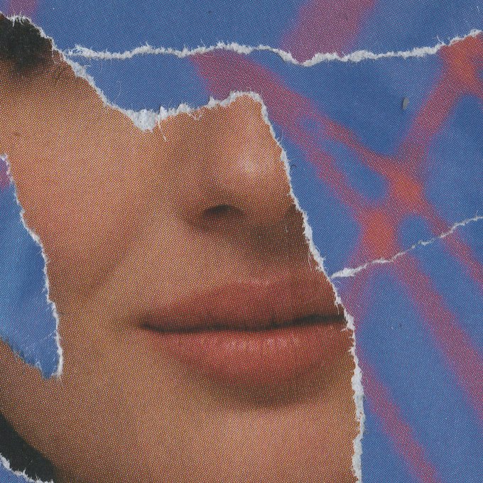 A torn paper collage style portrait revealing part of a person's nose, lips, and chin against a vivid blue and pink patterned background.