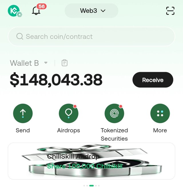 A screenshot of a Web3 cryptocurrency wallet interface showing 'Wallet B' with a balance of $148,043.38, featuring Send, Airdrops, Tokenized Securities, and More buttons, with a 'ChillSkill Airdrop' promotion at the bottom.