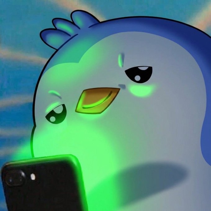 A 3D-rendered cartoon penguin character with a grumpy expression looks at a smartphone emitting green light.