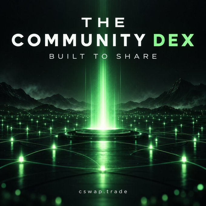 Promotional graphic for "THE COMMUNITY DEX" with tagline "BUILT TO SHARE" and URL "cswap.trade", featuring a green beam of light rising over a network of interconnected glowing nodes in a dark mountainous landscape.