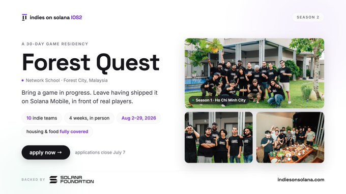 Promotional graphic for 'Forest Quest' by Indies on Solana, a 30-day game residency at Network School in Forest City, Malaysia (Aug 2–29, 2026), backed by the Solana Foundation with 10 indie teams and applications closing July 7.