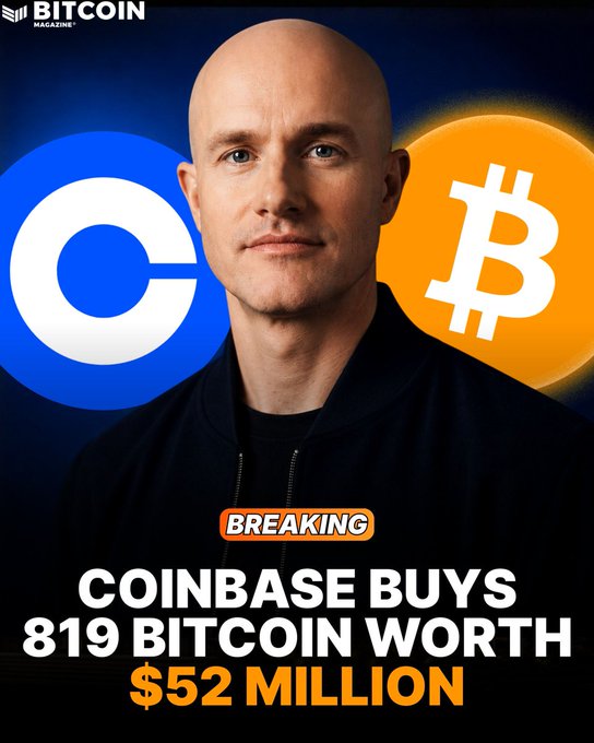 A Bitcoin Magazine cover featuring a man between the Coinbase "C" logo and Bitcoin "₿" symbol, with breaking news: "COINBASE BUYS 819 BITCOIN WORTH $52 MILLION."