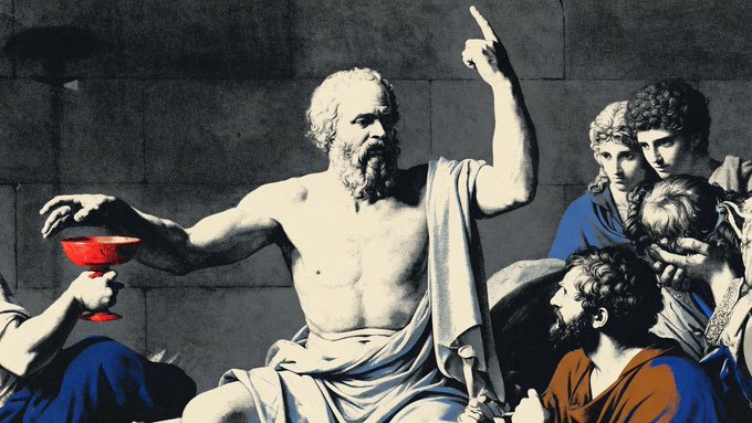 A digitally recolored version of Jacques-Louis David's classical painting 'The Death of Socrates,' featuring the central bearded philosopher pointing upward while holding a cup, surrounded by grieving disciples in vivid blue and brown robes.