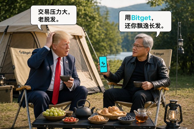 The image features two men sitting at a table with food items such as fruit and pastries. One man is wearing a suit and tie while the other has a backpack next to him. The text "Friend, are you feeling stressed out too? Let' s tackle it together—with Bitget, keep that flowing, luscious hair back". The post suggests using a mobile app called Bitget to help manage stress-related hair loss issues.