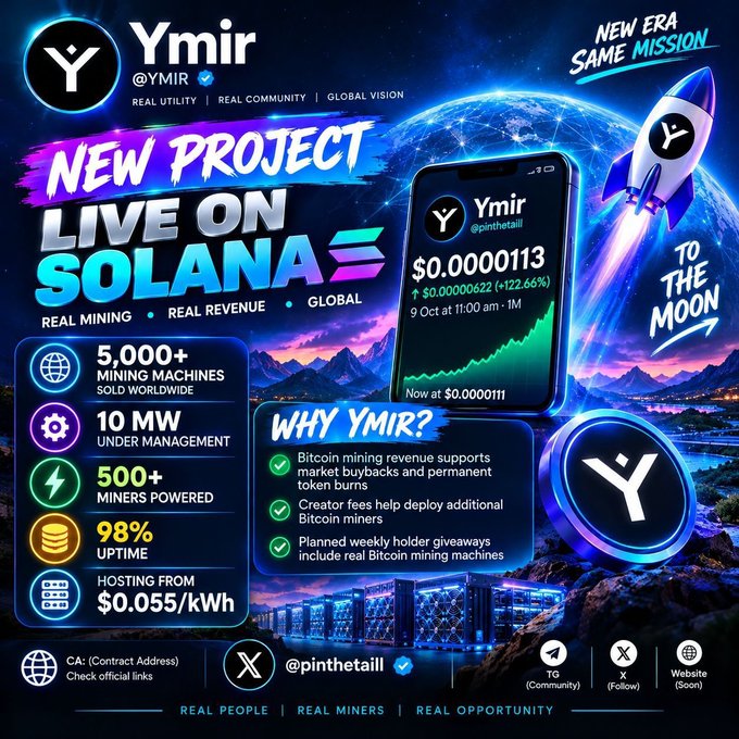 A promotional graphic for the Ymir cryptocurrency project on Solana, highlighting 5,000+ mining machines, 500+ miners powered, and showing a token price of $0.00000113.