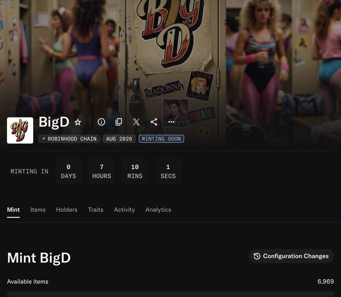 An NFT minting page for 'BigD' on the 'ROBINHOOD CHAIN' with a 'MINTING SOON' countdown timer (0 days, 7 hours, 10 mins, 1 secs) set for Aug 2026, showing '6,969' available items, with a backdrop of people in workout attire and Madonna/Cyndi Lauper stickers.