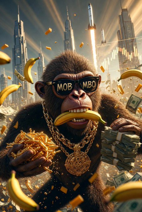 A digital artwork of a monkey wearing 'MOB MBO' sunglasses, holding a banana in its mouth, with gold chains, surrounded by flying bananas, gold bars, and money, set against a futuristic cityscape.