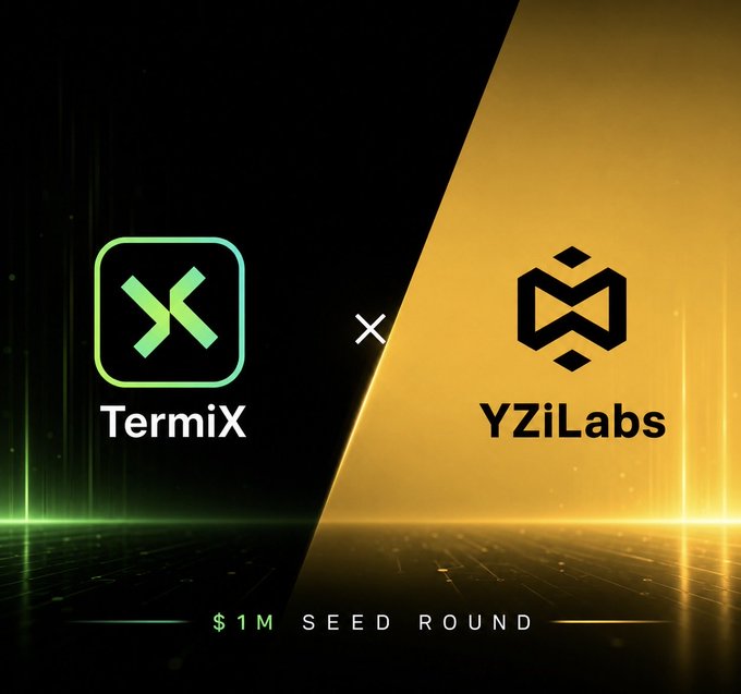 A split black-and-gold promotional graphic announcing a $1M seed round partnership between TermiX and YZiLabs, featuring both companies' logos.