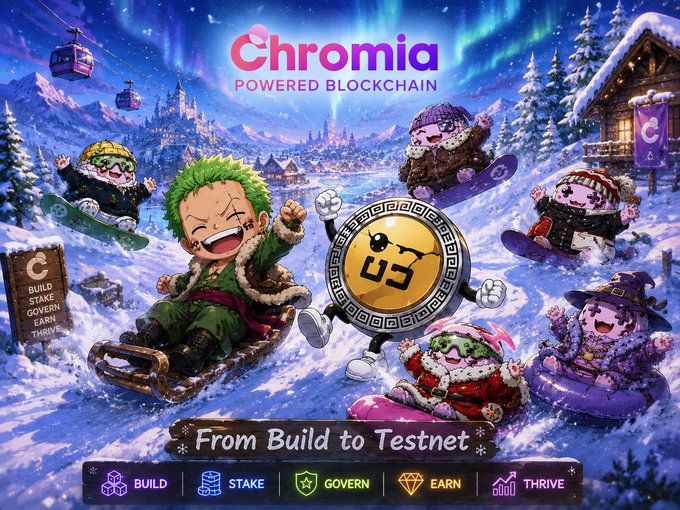 The image features a poster or advertisement with a cartoon character riding a sled down a snowy slope surrounded by other characters. The text on the poster reads "Chromia powered blockchain", which suggests that this campaign is related to cryptocurrency or blockchain technology. The poster also includes a description of how to build and testnet, indicating that it's promoting a new project or idea in the crypto space.