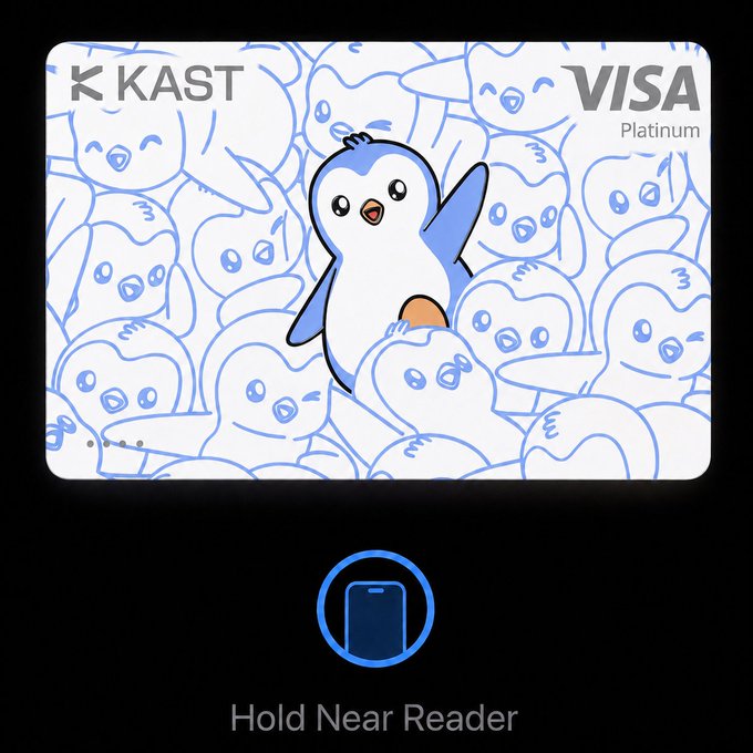 A digital rendering of a KAST Visa Platinum credit card featuring a blue penguin mascot, with instructions below to 'Hold Near Reader' for contactless payment.
