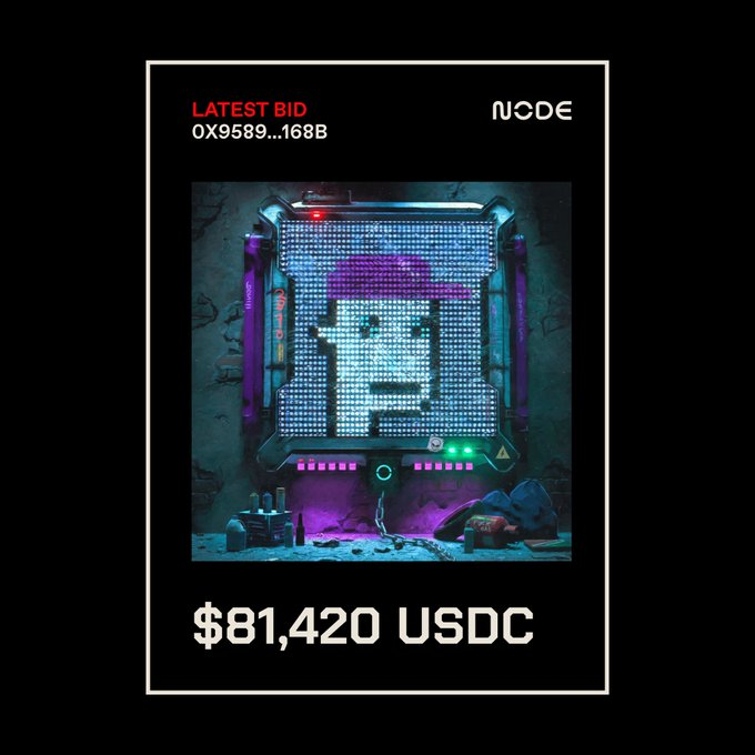 An auction card from NODE displays the latest bid of "0X9589...168B" at "$81,420 USDC" for Beeple's *Everydays #5017*, with the artwork's pixelated "B" logo shown on a cyberpunk-style display screen, matching the post's mention of the high bid with 3 hours remaining.