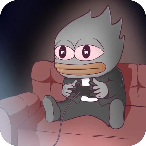 A cartoon illustration of a tired-looking gray duck character in a suit sitting on a couch and playing video games with a controller.