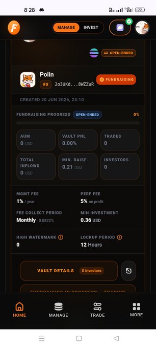 A mobile app interface for a fundraising platform shows a vault named 'Polin' by user '2o3UKd...' created on 20 JUN 2026, marked as FUNDRAISING with 0% progress, a 1% MGMT FEE, 5% PERF FEE, and 12-hour lockup period.