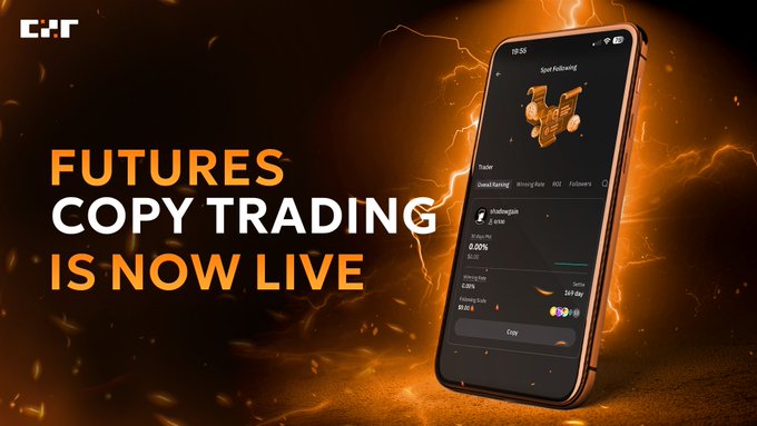A promotional banner from CEX.IO announces 'FUTURES COPY TRADING IS NOW LIVE' in orange text, displaying a smartphone mockup showing a copy trading interface with a Signal Publishing screen.