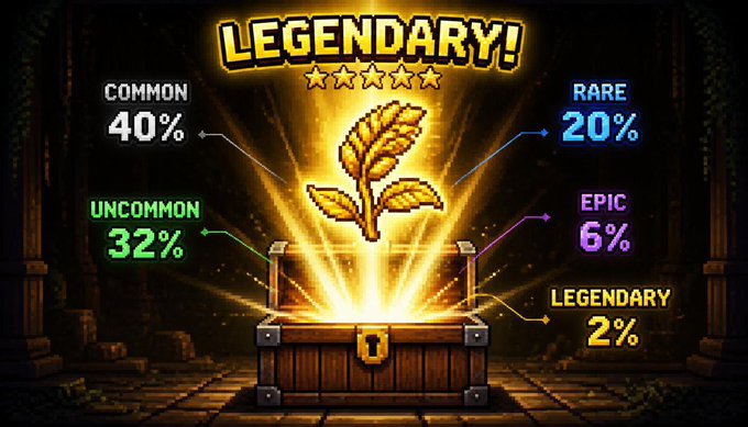 A glowing "LEGENDARY!" banner crowns an open treasure chest emitting a brilliant golden plant sprout, with drop rate percentages displayed around it: COMMON 40%, UNCOMMON 32%, RARE 20%, EPIC 6%, and LEGENDARY 2%, visually reinforcing the post's breakdown of #SproutFarm seed box rarity odds on Solana.