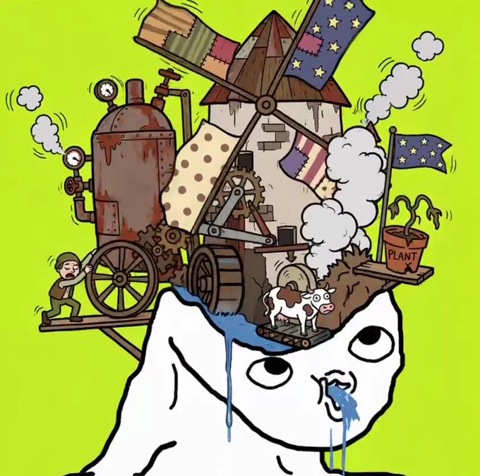 A cartoon illustration of a crying, sweating Earth being exploited by a massive, polluting industrial machine with smokestacks, flags, a factory, and a small worker pushing a wheel, set against a bright green background.