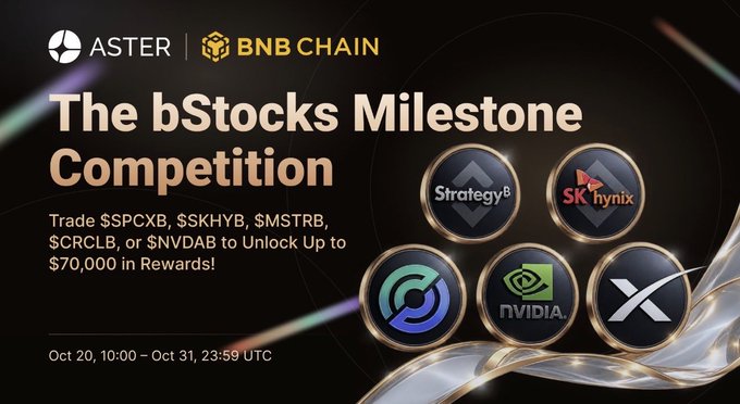 Aster and BNB Chain promotional graphic for 'The bStocks Milestone Competition' to trade $SPCX, $SKHYB, $MSTRB, $SRCLB, or $NVDAB for rewards up to $70,000, running Oct 20-Oct 31 UTC.
