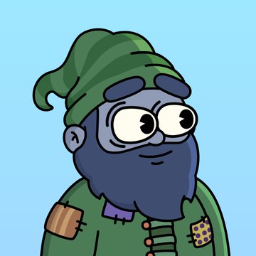 A cartoon illustration of a man with a blue beard, glasses, and a green pointed hat against a light blue background.