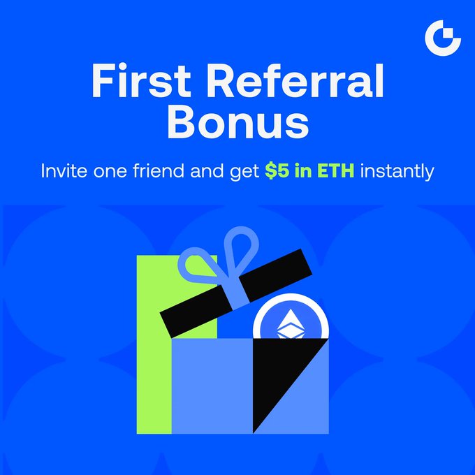 A blue promotional graphic from Gate.io announces a "First Referral Bonus" offering $5 in ETH for inviting one friend, featuring an illustrated gift box with a bow and an ETH logo that visually reinforces the referral reward message.