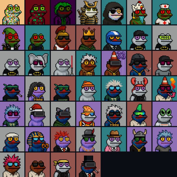 A grid displaying various pixel-art NFT frog avatars in different costumes and accessories, including samurai, ninja, king, and disco-themed designs, characteristic of crypto collectible projects.