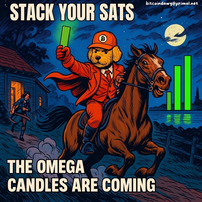 A promotional graphic featuring an illustrated dog in a red suit riding a horse while holding up a green bar, with text reading 'STACK YOUR SATS' and 'THE OMEGA CANDLES ARE COMING'.