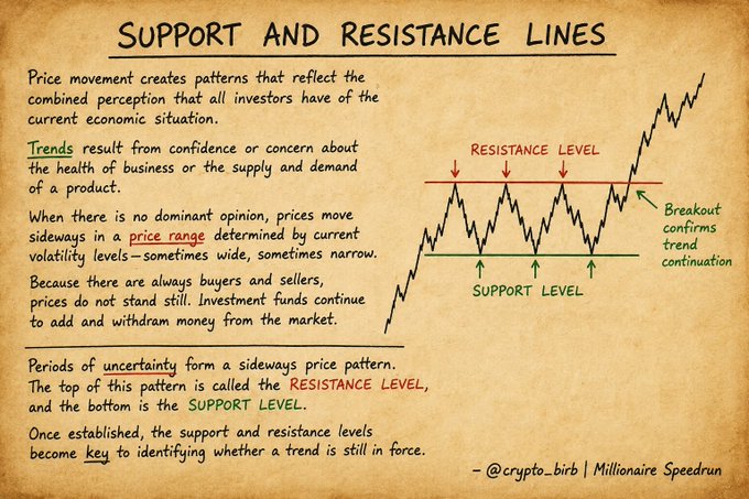 This hand-drawn style educational infographic titled "Support and Resistance Lines" explains how price movements create patterns reflecting investor sentiment, with a chart diagram showing a sideways price range bounded by a red "Resistance Level" line at the top and green "Support Level" line at the bottom, followed by a "Breakout confirms trend continuation" annotation. The image visually illustrates the post's key concepts—Kaufman's rule of drawing lines through multiple points, support acting as where buyers step in, resistance where sellers emerge, and both forming during sideways market periods before a breakout occurs.