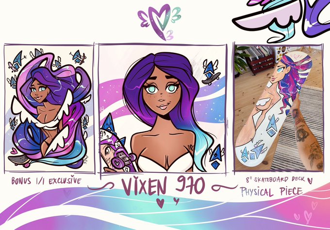 A promotional graphic for a character named 'VIXEN', featuring two illustrated panels of a woman with purple hair and one photo of a physical 8-inch skateboard deck printed with her image.
