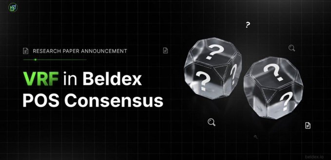 A research paper announcement graphic from Beldex with a dark grid background, featuring two translucent icosahedrons with question marks, and text reading 'VRF in Beldex POS Consensus'.