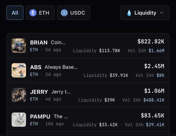 A cryptocurrency dashboard displays tokens sorted by liquidity, showing BRIAN ($822.82K), ABS ($2.45M), JERRY ($1.06M), and PAMPU ($83.65K) with PAMPU and JERRY having notably similar liquidity ($33.42K and $39K respectively) despite vastly different market caps—illustrating the post's point about the disproportionate valuation gap that could signal a buying opportunity.