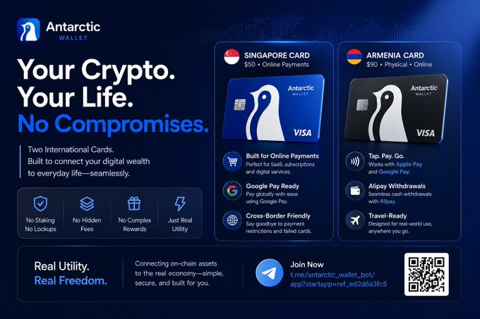 An advertisement for Antarctic Wallet crypto debit cards, featuring Singapore and Armenia Visa cards with options for online payments, Google Pay, Apple Pay, and Alipay withdrawals.