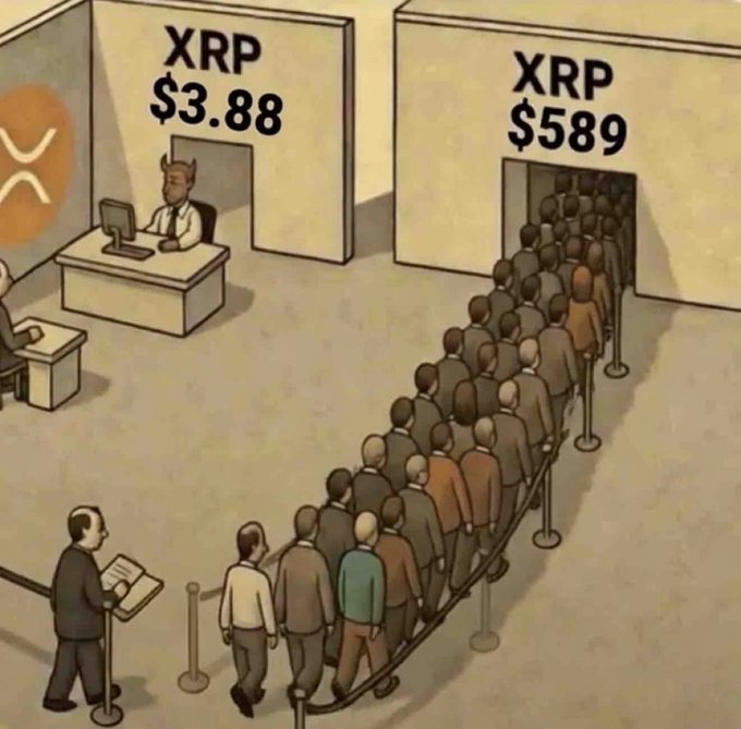 A satirical cartoon illustration showing a massive line of people waiting at a counter labeled 'XRP $589' while a bored clerk sits idle at an empty counter labeled 'XRP $3.88', with a small XRP logo in the corner.
