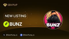 The image is a GemPump promotional graphic announcing the "NEW LISTING" of the meme token BUNZ, featuring the token's mascot—an orange cartoon cat in a black hoodie—and the ticker $BUNZ displayed prominently. It pairs with the post highlighting BUNZ's 1000% gain since listing on GemPump, with market cap growing from 13.4K to 141.6K.