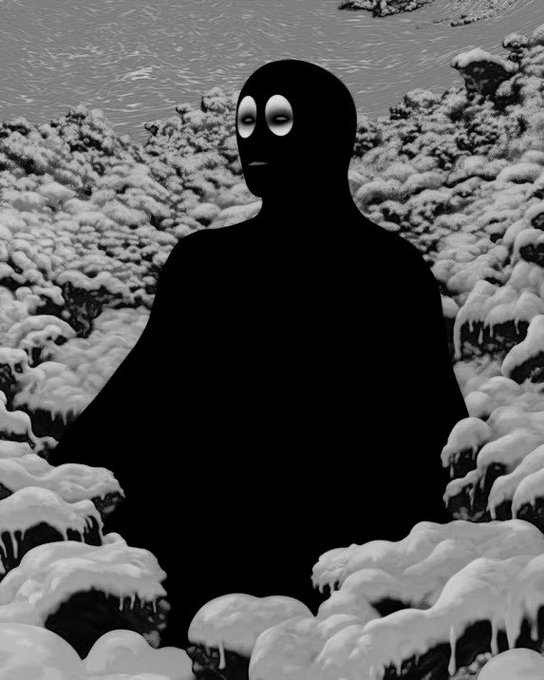 A black and white surreal illustration depicts a shadowy figure with large white eyes emerging from a rocky, snow-covered landscape.