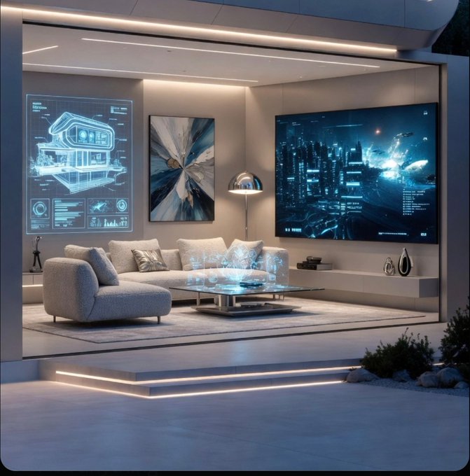A modern, futuristic living room with sleek furniture, ambient lighting, a large wall-mounted TV displaying a sci-fi cityscape, and a holographic blue interface showing a 3D model and data panels.