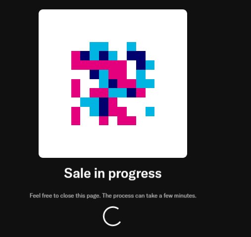 A 'Sale in progress' screen with a loading animation showing a pixelated pink and blue logo, with a 'C' loading indicator below.