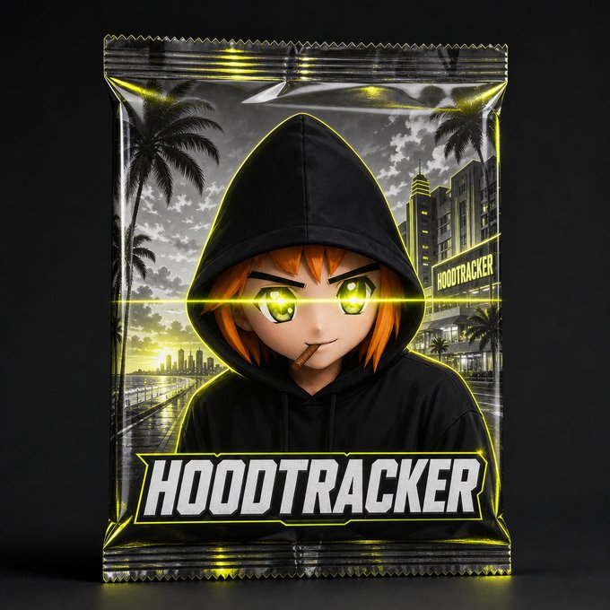 A sealed foil trading card pack featuring an anime-style character with orange hair and glowing green eyes wearing a black hoodie, with "HOODTRACKER" branding displayed prominently, matching the $HoodPack collectible referenced in the post.