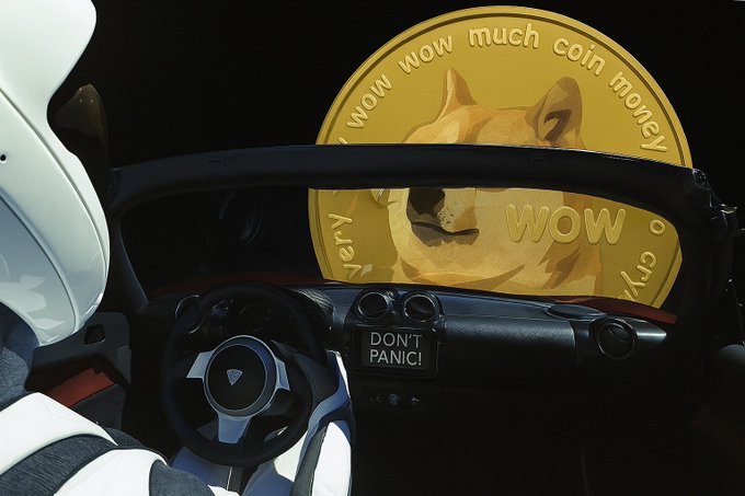 "DOGE" appears as a sticker or decal on the windshield of an active car, possibly inside a convertible.