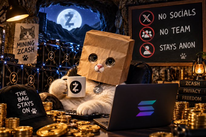 An anonymous cat with a paper bag over its head sits at a laptop, surrounded by gold coins and ZCash logos, holding a mug labeled with the ZCash "Z" symbol. Signs read "MINING ZCASH," "THE BAG STAYS ON" (with a paw print), and "NO SOCIALS, NO TEAM, STAYS ANON," reinforcing the post's message about $ZCAT's anonymous, team-less identity.